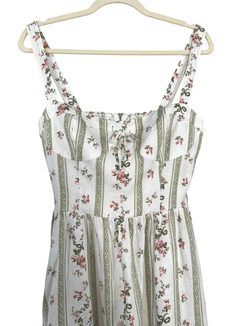 Reformation White Floral Midi Dress with Green Stripes and Pink Flowers